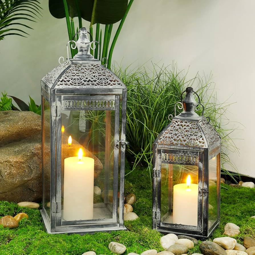 Set of 2 Outdoor Lantern 20"&14.5" High Vintage Lantern Decorative Metal Candle Holder with Tempe... | Amazon (US)