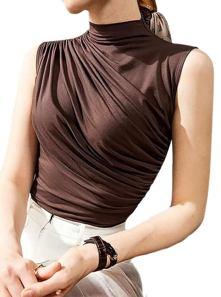 Avanova Women Fitted Sleeveless Ruched Tank Top Shirt Mock Turtleneck Blouses | Amazon (US)