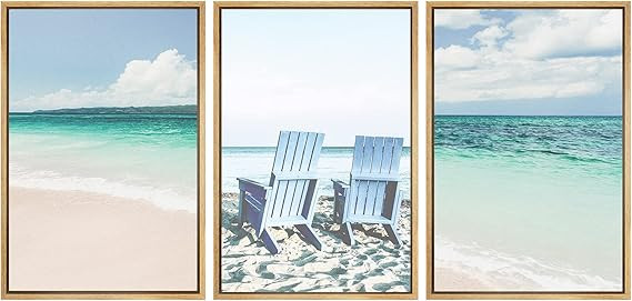 SIGNWIN Framed Canvas Print Wall Art Set Retro Beach Chairs Teal White Ocean Horizon Nature Wilde... | Amazon (US)