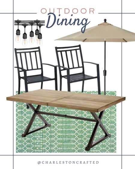 Outdoor dining includes green outdoor rug, outdoor farmhouse table, outdoor black chairs, outdoor umbrella, and outdoor string lights.

Home decor, outdoor decor, outdoor furniture, outdoor entertainment, patio decor

#LTKhome #LTKSeasonal #LTKstyletip