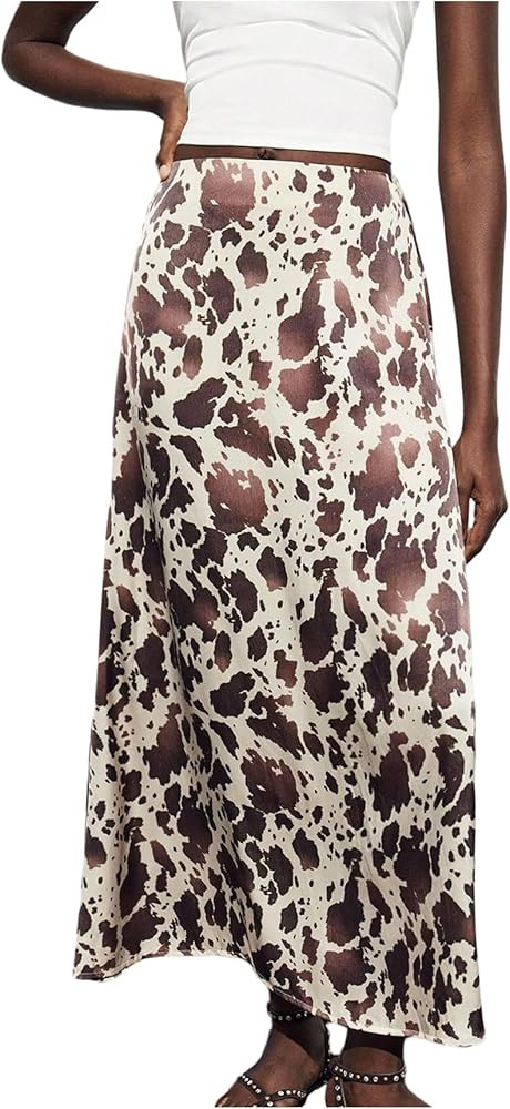 MakeMeChic Women's Cow Print Satin Maxi Skirt A Line Flared Long Skirts | Amazon (US)