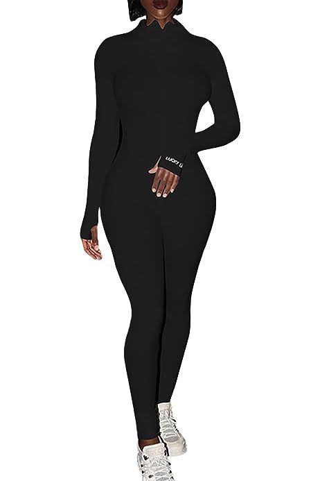 XLLAIS Women High Neck Zipper Ruched Bodycon Jumpsuit Tracksuit with Thumb Hole | Amazon (US)