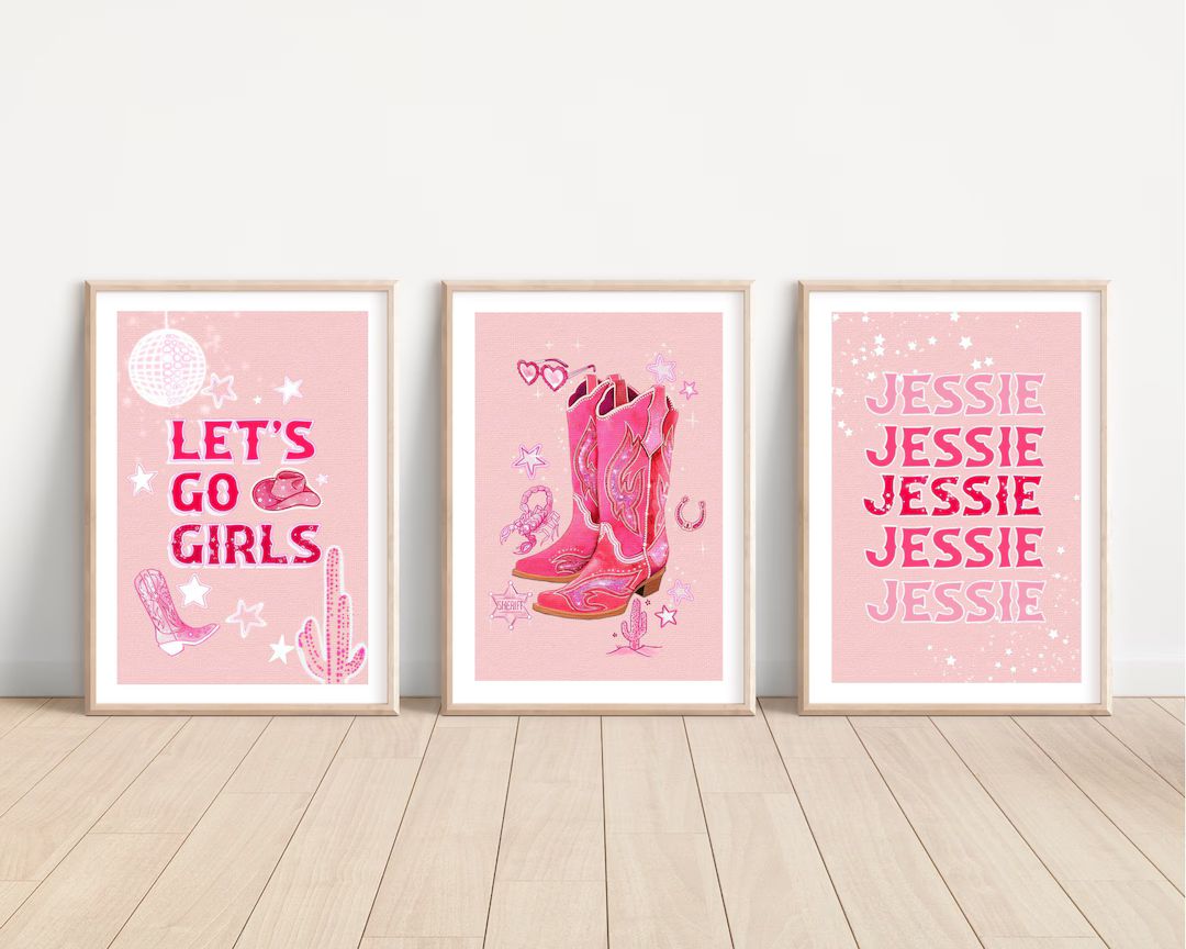 Disco Cowgirl , Personalised Name Set or 3 Prints, Pink , Cowboy Boots, Wall Art - Etsy UK | Etsy (US)