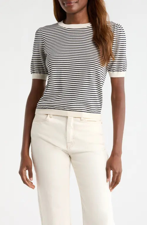 FRAME The Stripe Gather Crop Cotton & Modal Sweater in Cream Multi at Nordstrom, Size Small | Nordstrom