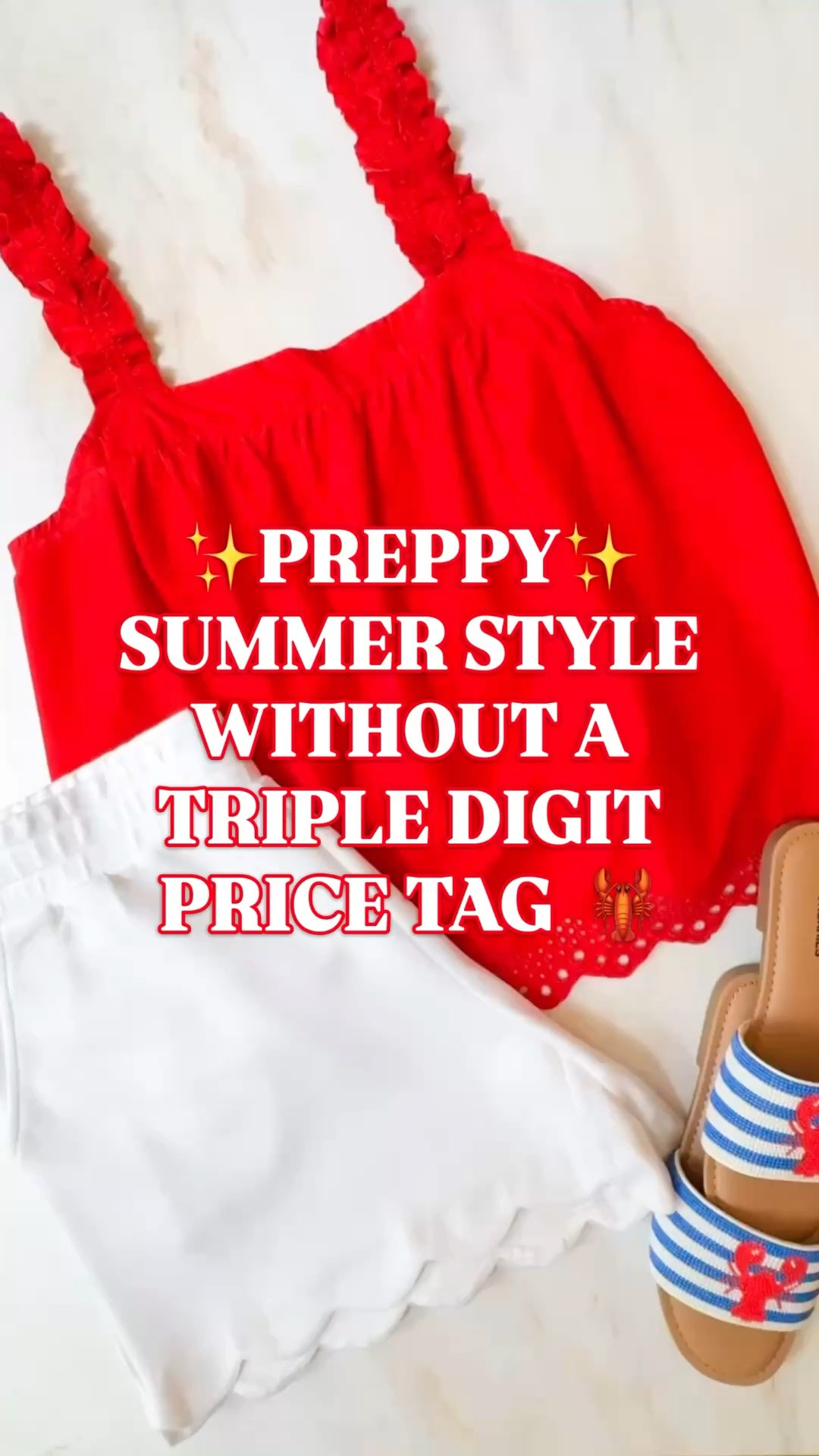 preppy summer outfit, coastal summer outfit, red eyelet top, white shorts outfit, beaded lobster sandals, vacation outfit women, Fourth of July outfit

This is the preppy summer outfit formula I will never get tired of.

A red 100% cotton eyelet tank, crisp white shorts, and beaded lobster slides that make the whole outfit feel so much more special. It has that coastal Americana, beach town weekend, cute vacation outfit energy without a triple digit price tag.

The top is the piece that makes it. Square neckline, ruffle straps, gathered bodice, scalloped eyelet hem, and breathable cotton that makes sense for summer. The white shorts keep it clean and polished, and the lobster slides add the fun little coastal detail that makes people ask where you found them.

Wear this for brunch, beach town shopping, lake weekends, vacation mornings, Memorial Day, Fourth of July, resort lunches, summer errands, casual dinners, and any warm-weather plan where you want to look cute in five minutes.

If you love preppy summer outfits, coastal style, red eyelet tops, white shorts outfits, lobster sandals, beaded slides, vacation outfits, beach vacation clothes, Americana outfits, nautical style, New England summer style, and affordable preppy finds, this is exactly the kind of summer outfit to save.

preppy summer outfit, coastal summer outfit, red eyelet top, white shorts outfit, beaded lobster sandals, lobster slides, vacation outfit women, beach vacation outfit, Fourth of July outfit, Memorial Day outfit, Americana outfit, nautical outfit women, resort wear women, affordable preppy style, summer outfits women, coastal style women

#LTKFindsUnder50 #SummerOutfits #SummerOutfitInspo #LobsterPrint #WalmartStyle #PreppyStyle

#LTKSeasonal #LTKTall #LTKPetite