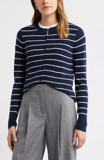 Caslon® Crewneck Merino Wool Blend Cardigan in Navy- Ivory Lucille Stripe at Nordstrom Rack, Size Xx-Large | Nordstrom Rack