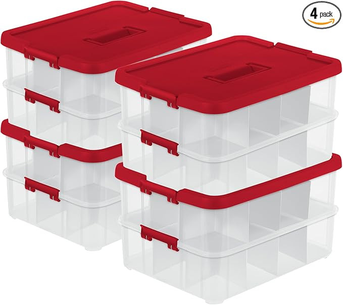 Sterilite 4-Pack 2-Layer Ornament Box, Plastic Christmas Organizer Bins with Lids, Red - Large St... | Amazon (US)