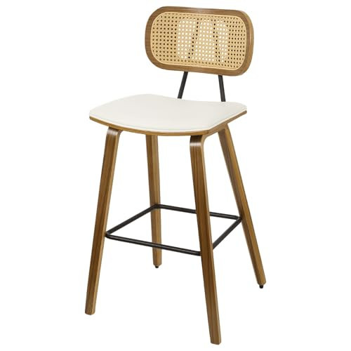 26" Counter Height Bar Stools Mid Century Modern Counter Stools, Wood Counter Stool with PU Leather Upholstered Bar Chair with Rattan Back, Counter Height Stools for Kitchen Island, Cream White | Amazon (US)