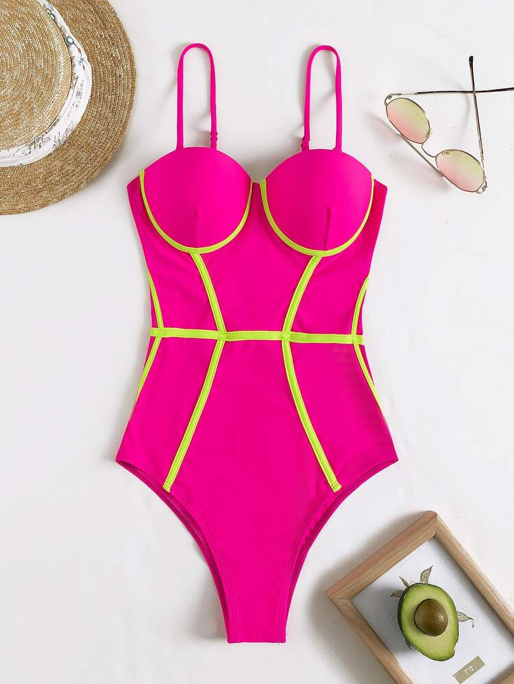 Neon Pink Contrast Binding Underwire Push Up One Piece Swimsuit | SHEIN
