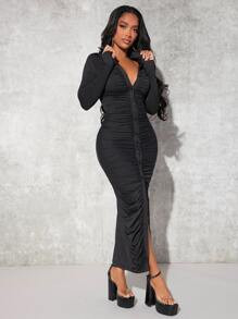 HomeWomen ClothingWomen DressesSHEIN SXY Ruched Button Through Bodycon Dress | SHEIN