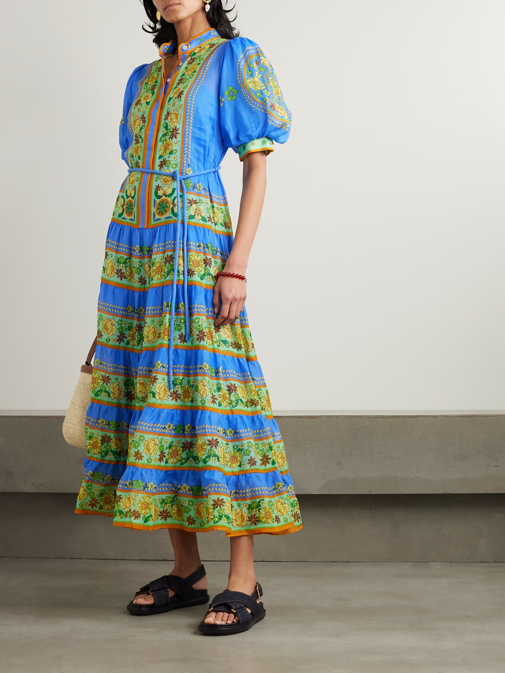 Linda belted tiered printed ramie midi dress | NET-A-PORTER (US)