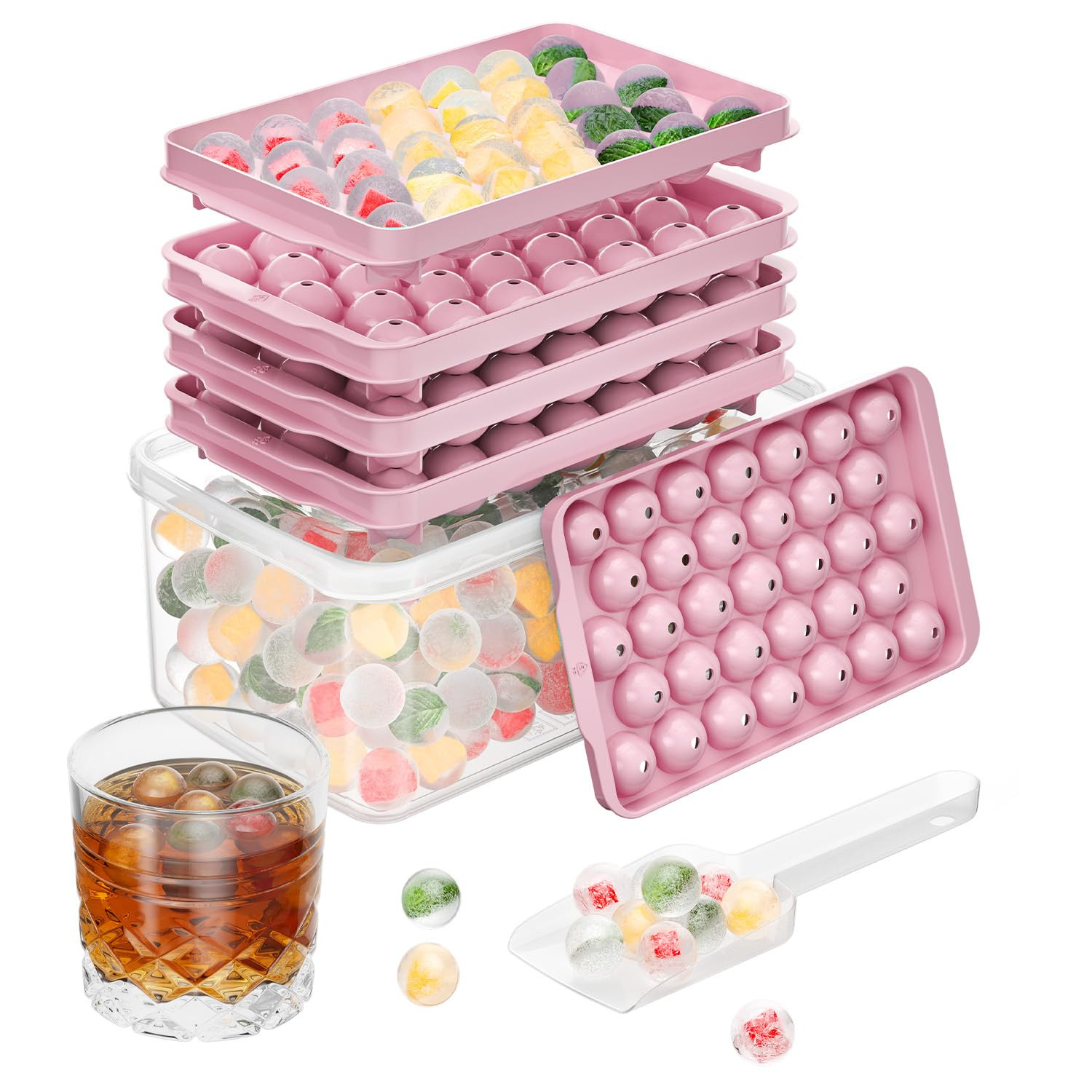 Optish 3 Pack Ice Trays for Freezer, 99 PCS Ice Cube Tray with Lid and Bin, Round Ice Cube Mold, Circle Ice Maker for Chilling Drinks (0.8 inch, Pink) | Amazon (US)