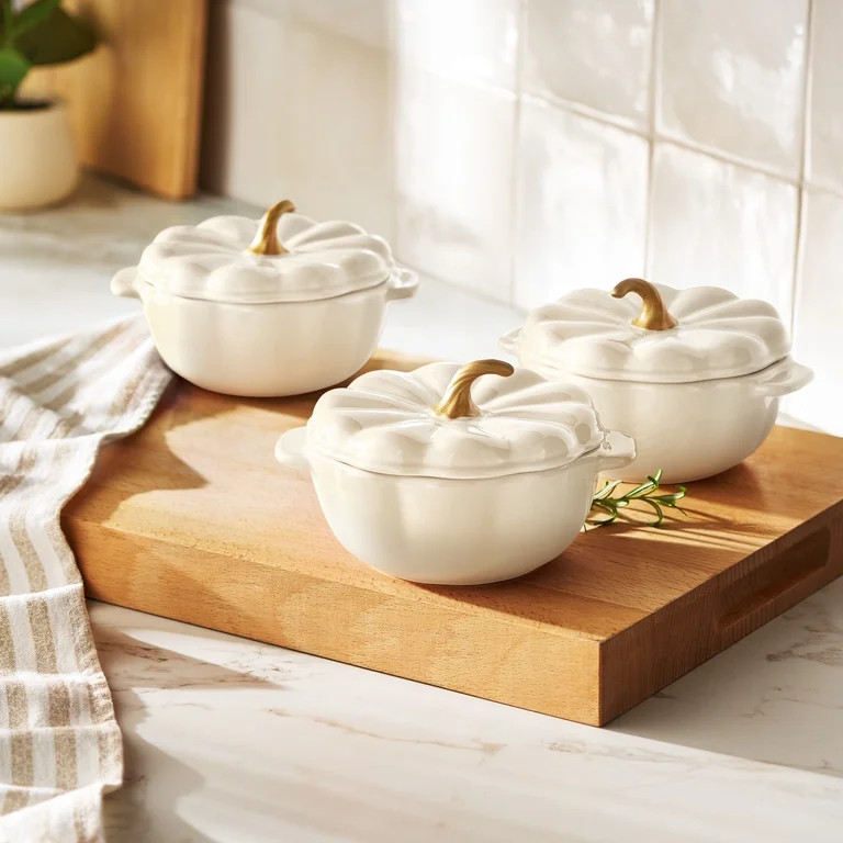 The Pioneer Woman Ceramic Pumpkin 2 Cup Mini Cocottes with Lids Set of 3, Linen - Walmart.com | Walmart (US)