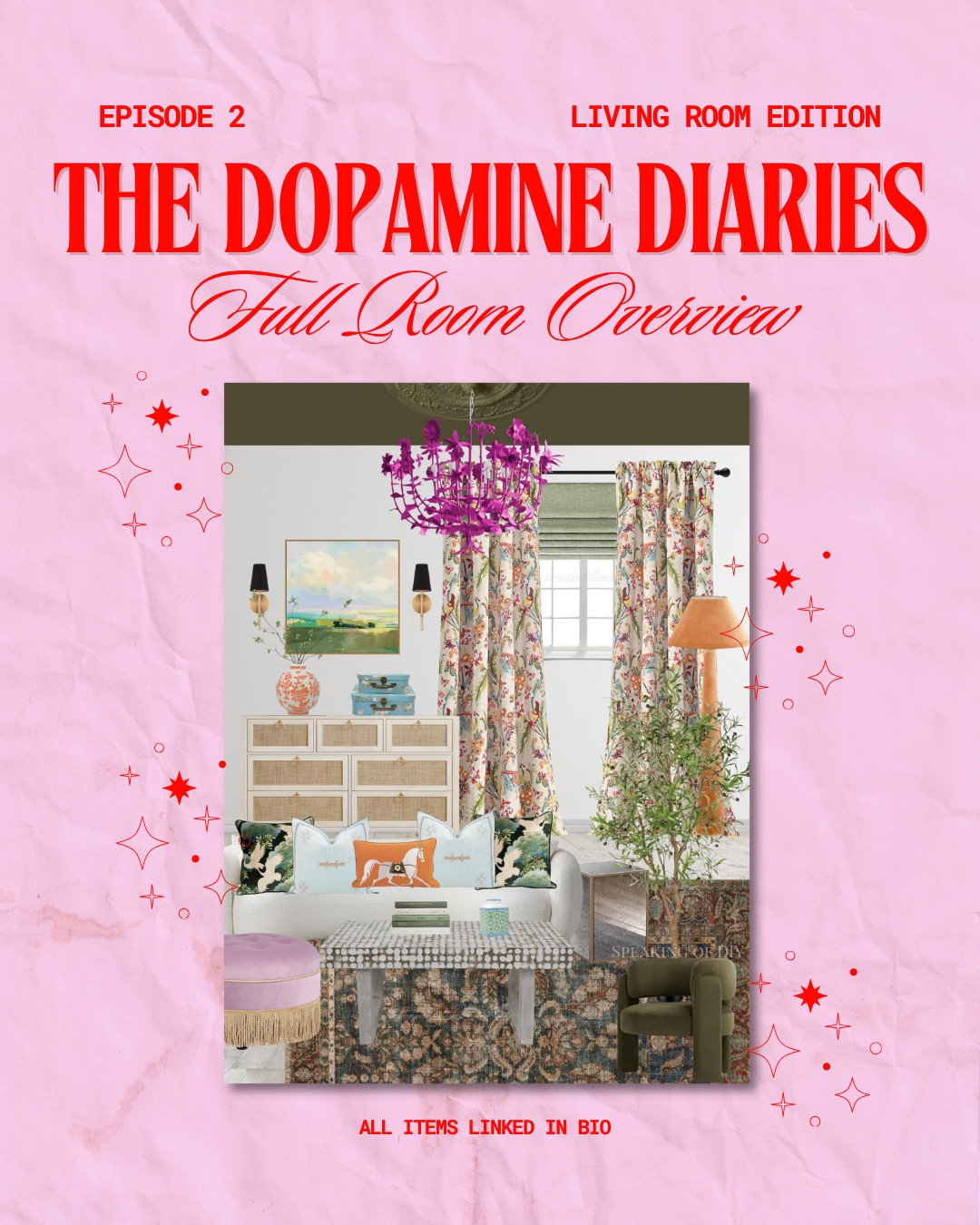 The Dopamine Diaries: Living Room 02

Paint color (ceiling)
Behr: Fig Tree
Sherwin Williams: Olive Grove

Maximalist style, eclectic interiors, colorful design, pattern play

#LTKSeasonal #LTKHome #LTKSaleAlert