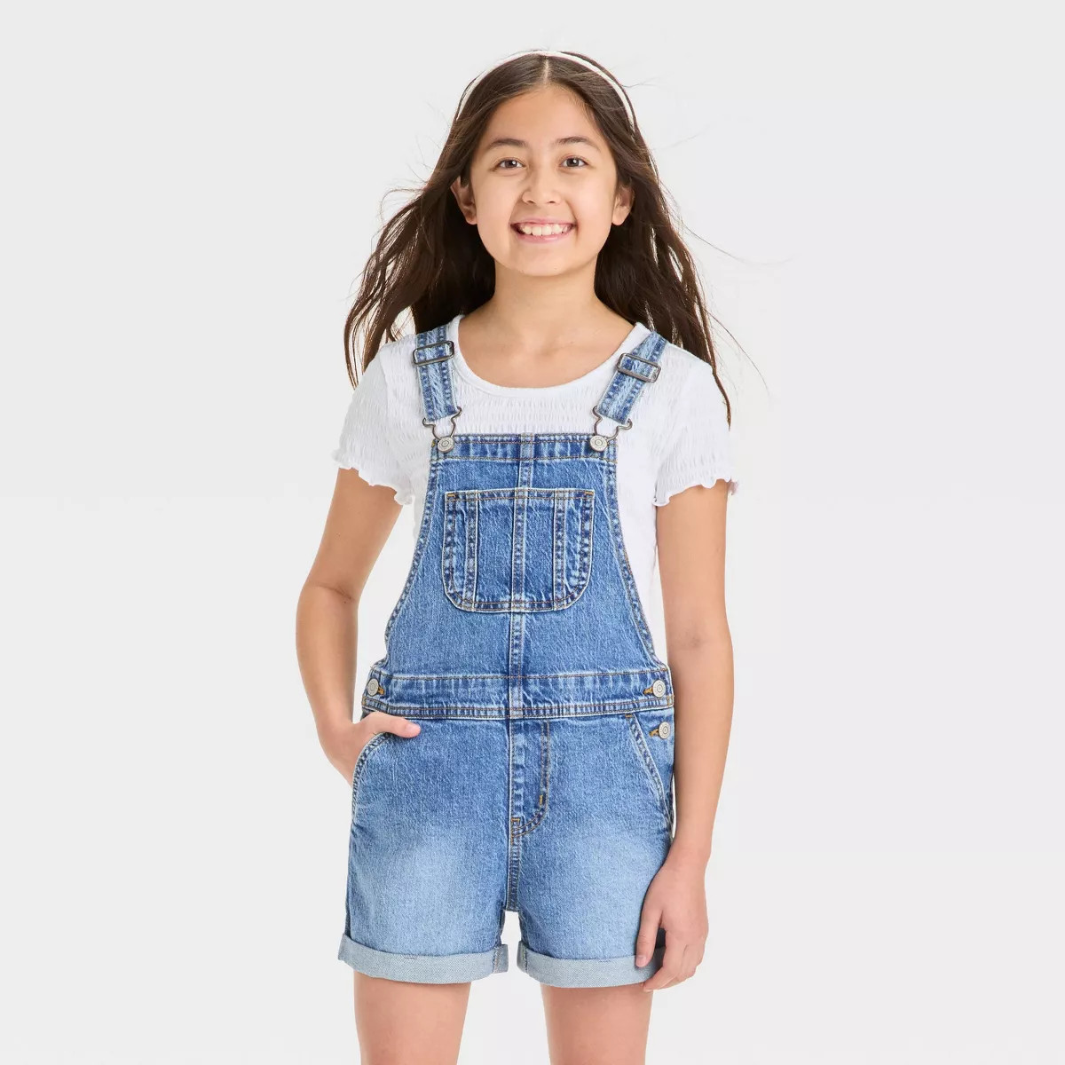Girls' Denim Shortalls - Cat & Jack™ Medium Wash M: Cotton Spandex, Front Buckle, Pockets | Target