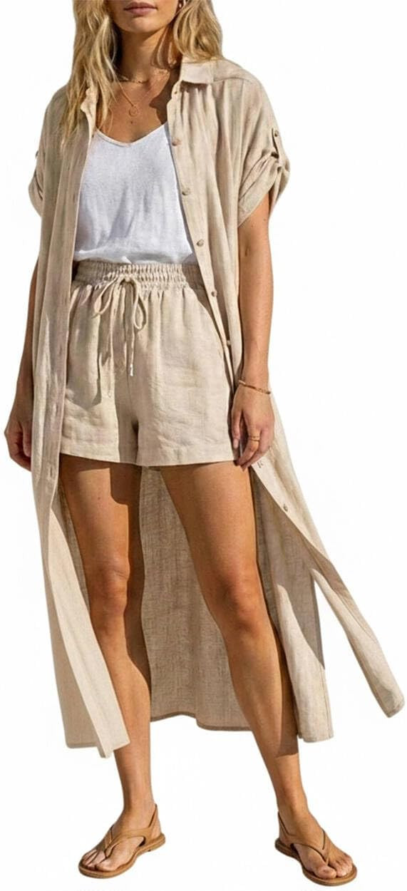Amazon.com: CHICME Two piece Outfits Front Side Slit Mid length Shirt and Drawstring Elastic Wais... | Amazon (US)