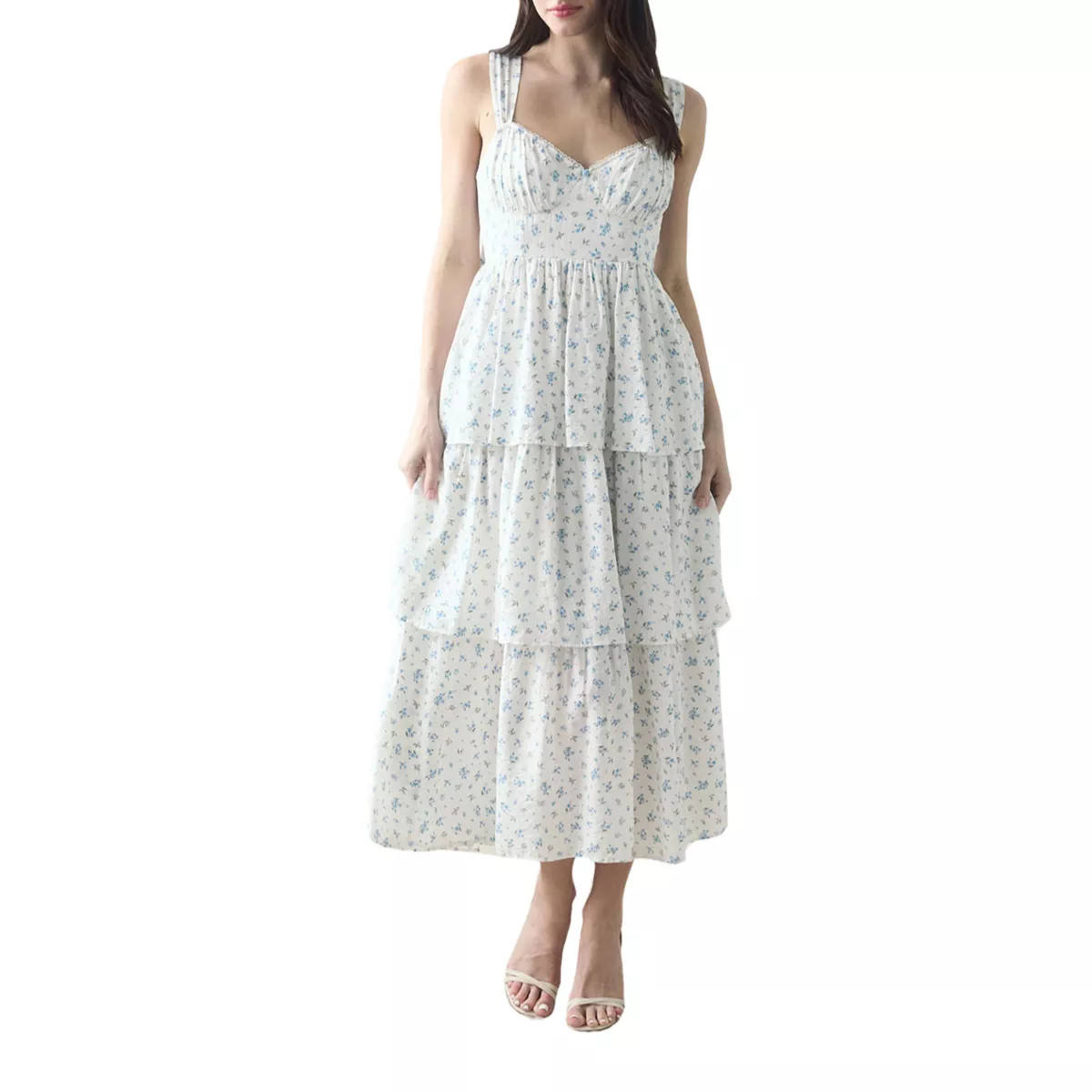 August Sky Women's Sleeveless Sweetheart Neckline Tiered Floral Midi Dress, Blue Multi, Small | Target