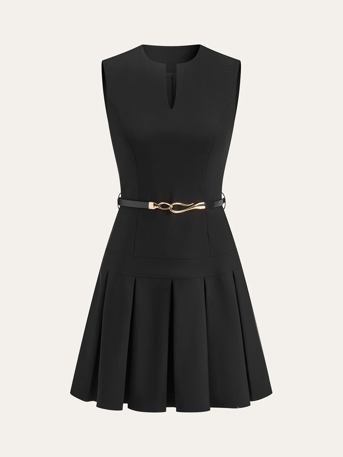 Sleeveless Keyhole-Neck Belted Pleated Mini Dress | Commense