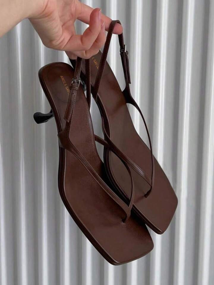 French Style Women's High Heel Sandals, New Summer Leather Pointed Toe Thin Heel Strap Back Kitten Heel Flip Flops | SHEIN