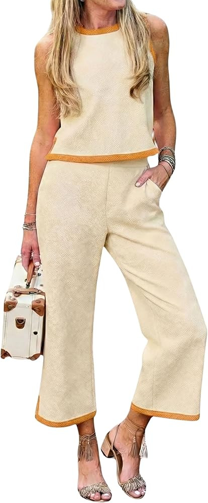 Hooever Two Piece Sets for Women Color Block Cami Top Wide Leg Pants Set Summer Travel Vacation O... | Amazon (US)