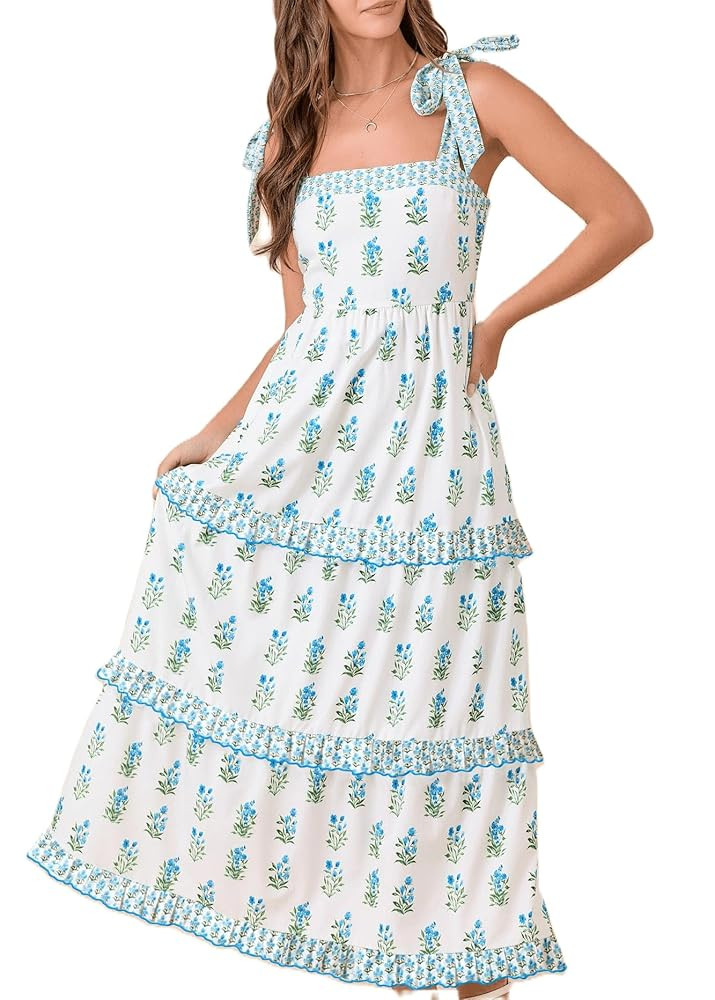Women Boho Floral Maxi Dress Y2k Sleeveless Tie Shoulder Tiered Ruffle Long Dresses Summer Beach ... | Amazon (US)