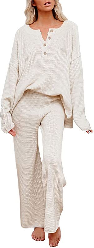 Women's 2 Piece Outfit Set Long Sleeve Button Knit Pullover Sweater Top and Wide Leg Pants Sweats... | Amazon (US)