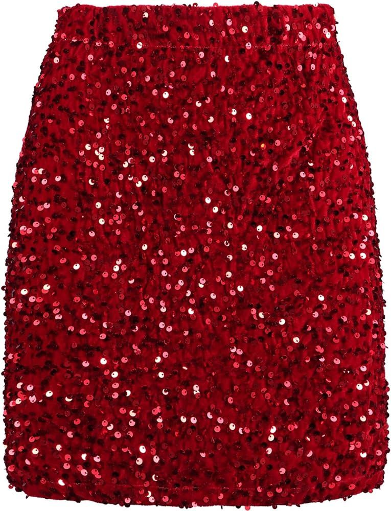 REEMONDE Women's Sequin Skirt Sparkle Stretchy Bodycon Mini Skirts Night Out Party | Amazon (US)