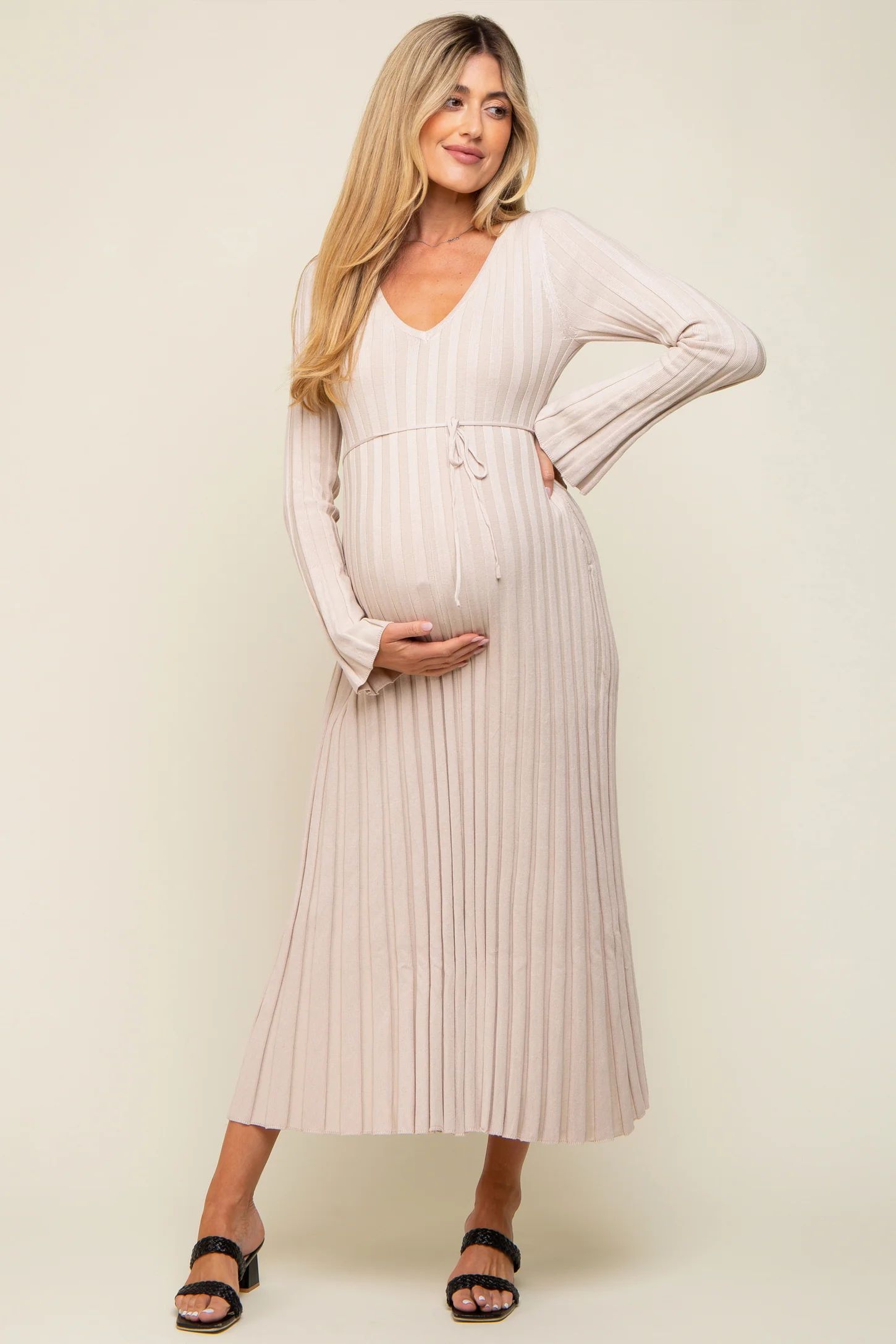 Taupe Ribbed Maternity Knit Maxi Dress | PinkBlush Maternity