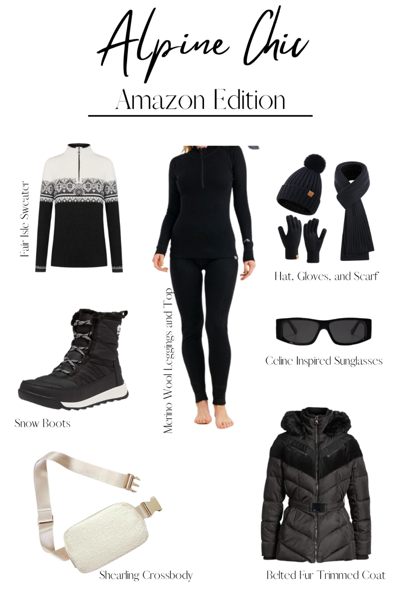 Heading to the mountains or somewhere cold and what to look cute? Here’s my latest guide on Alpine Chic or Apres Ski style!

Here’s everything you need to complete a cute cold weather/ snowy weather look! Everything is available on Amazon!

Belted ski jacket, snow boots, merino wool leggings, Celine inspired sunglasses, fair isle sweater 

#LTKSeasonal #LTKstyletip #LTKover40