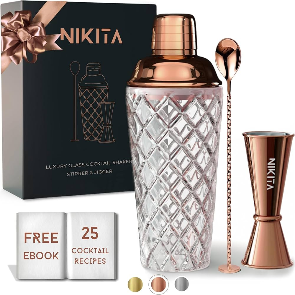 Rose Gold Cocktail Shaker Set - Glass Cocktail Shaker Set - Matching Measuring Jigger and Bar Spo... | Amazon (US)