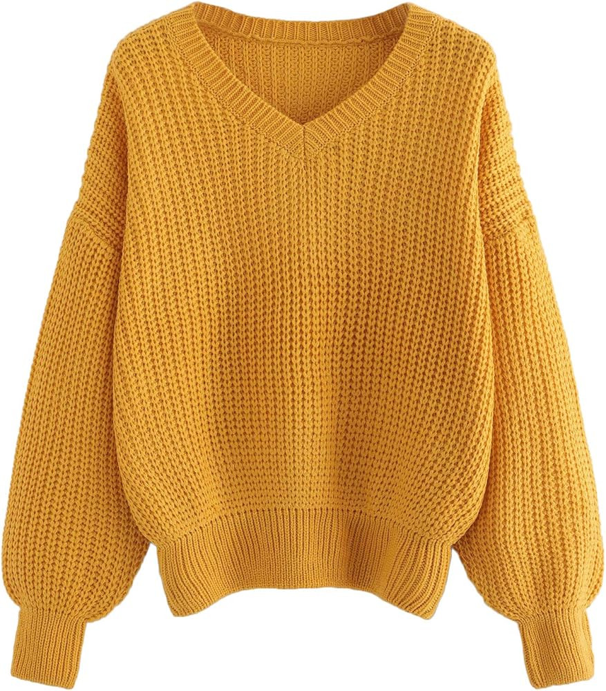 MakeMeChic Women's Loose V Neck Drop Shoulder Long Sleeve Jumper Sweater | Amazon (US)