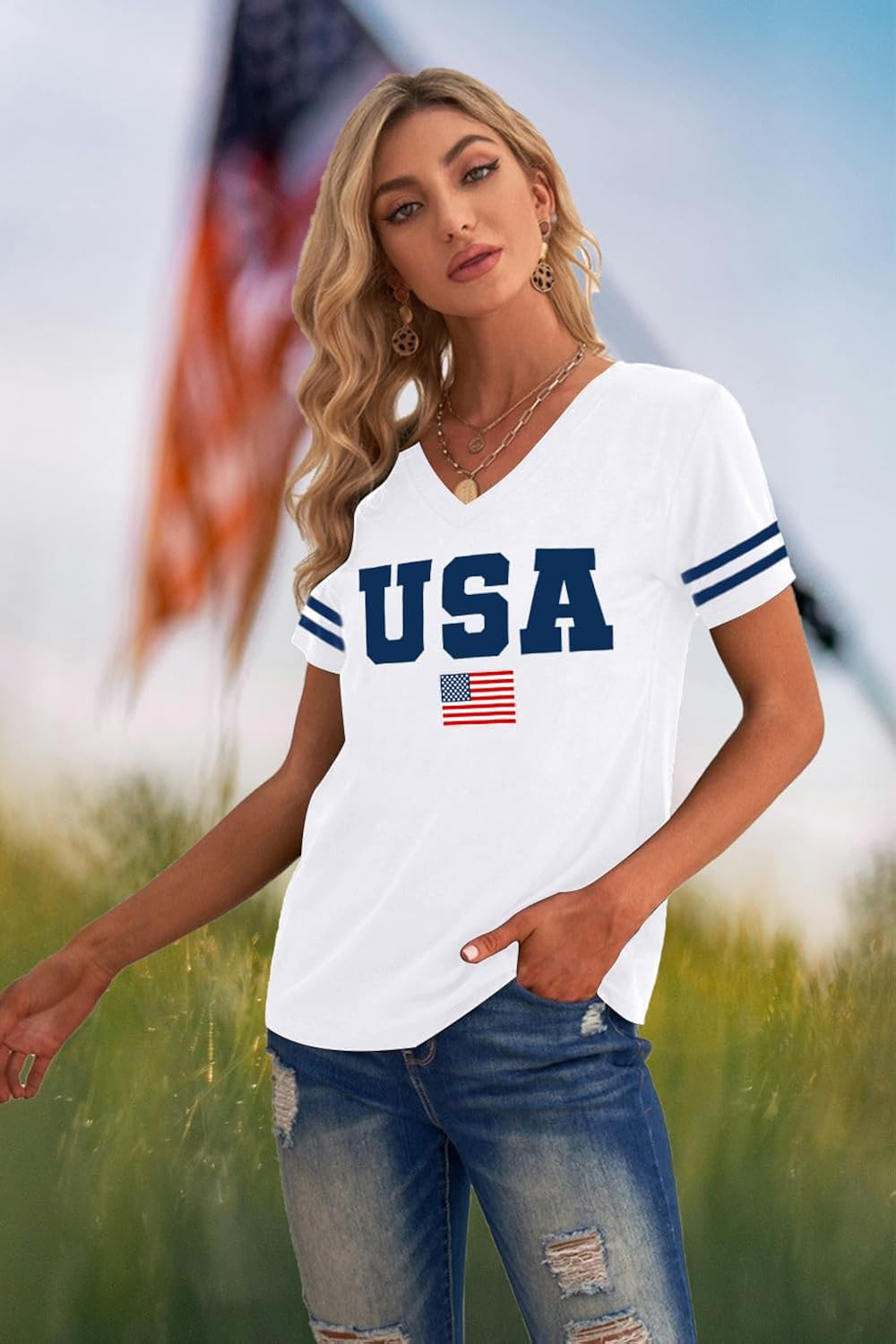 American Flag Shirts Women Patriotic Shirt 4th of July Tee Tops V-Neck Short Sleeve Summer T-Shir... | Amazon (US)