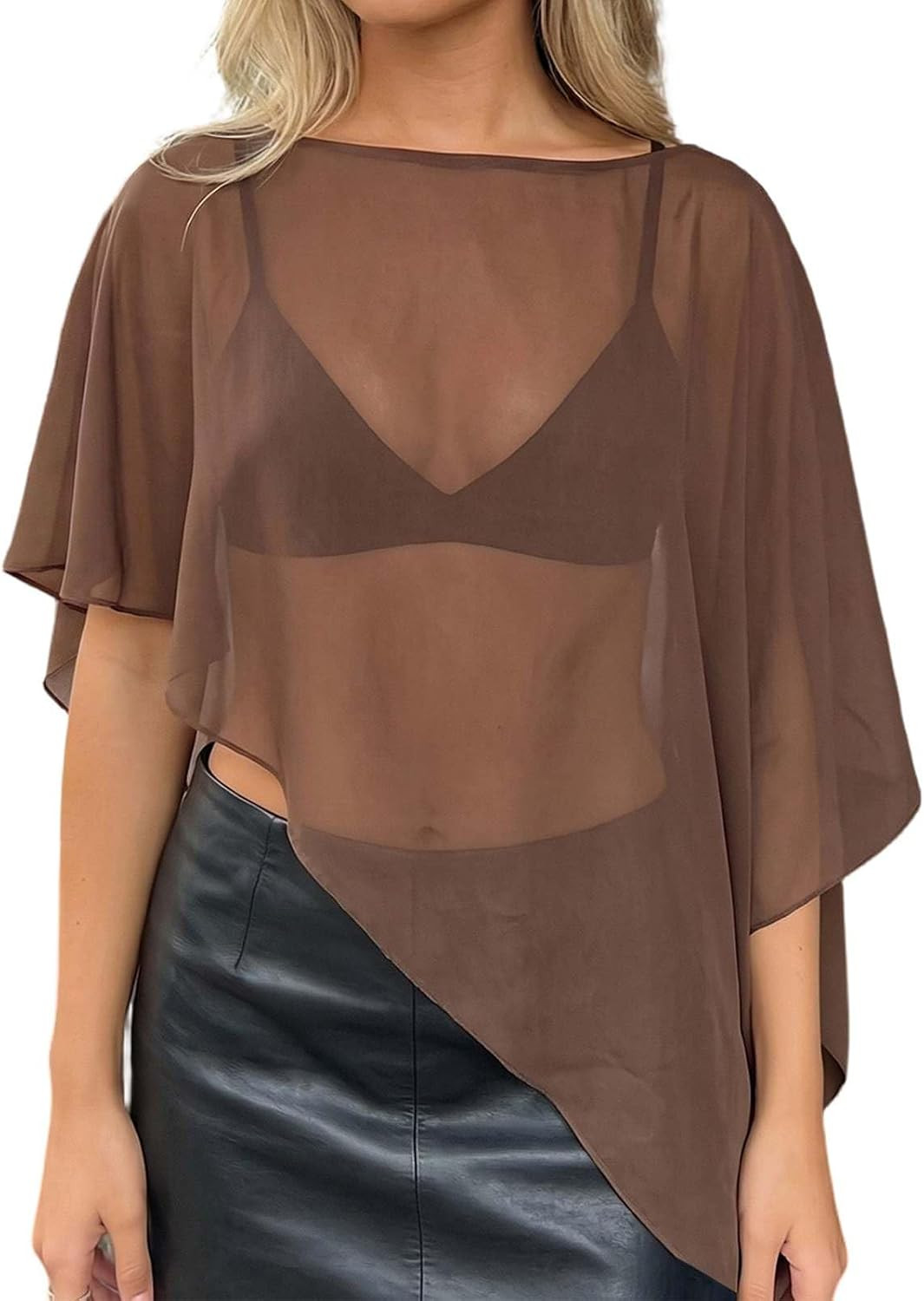 Women's Casual Sheer Chiffon Poncho Top Boat Neck Asymmetrical See Through Cover Up Beach Vacation Summer Y2k Outfit | Amazon (US)
