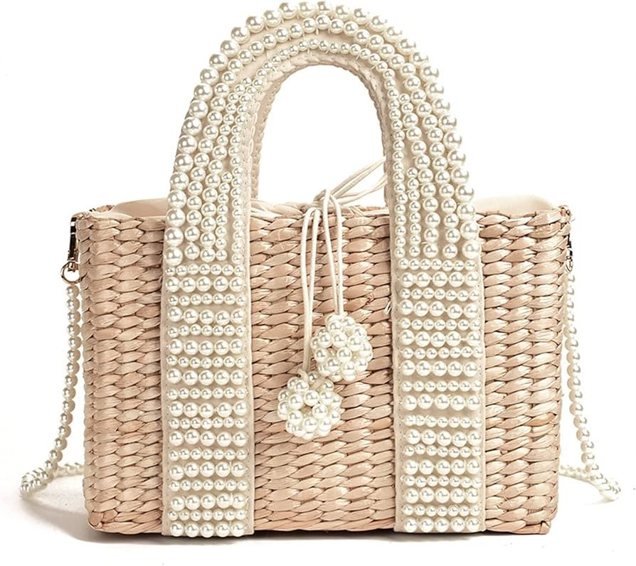 Summer Beach Straw Bag Large Tote Baskets Design Beading Wicker Woven Shoulder Bags Pearls Rattan... | Amazon (US)
