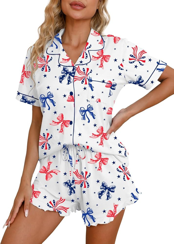 Pajama Set for Women 100% Cotton Button Down Pjs Short Sleeve With Ruffle Shorts Sleepwear Size X... | Amazon (US)