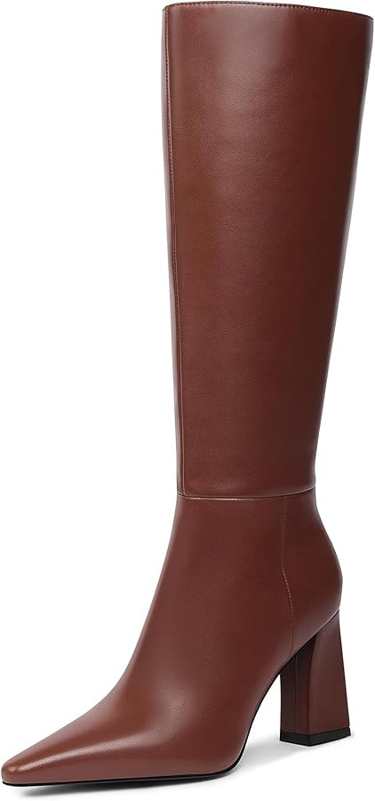 Meolee Knee High Boots for Women Chunky High Heel Long Boots Pointed Toe Leather Boots with Side ... | Amazon (US)