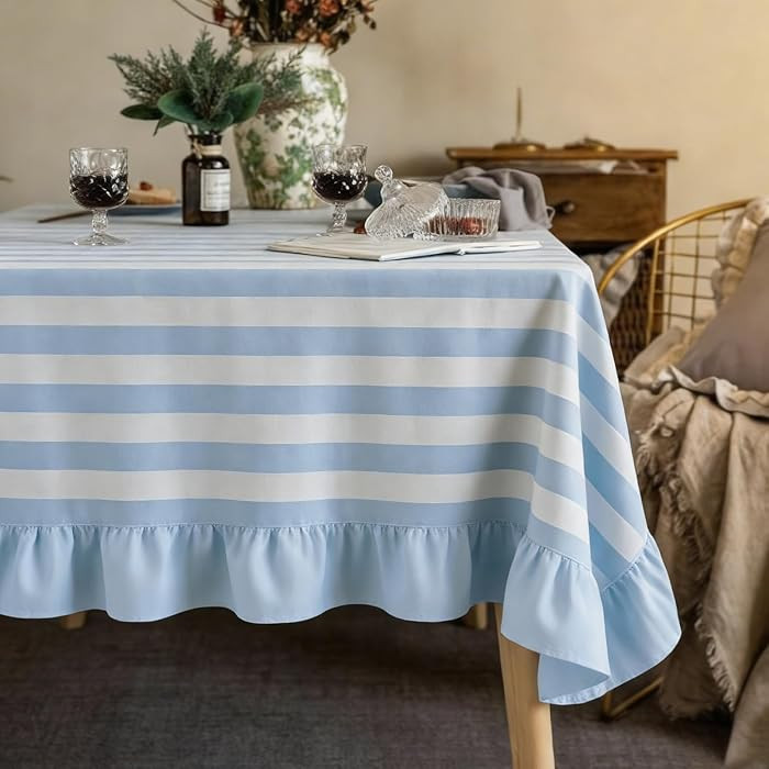 Whaline Striped Tablecloth with Ruffle 55 x 70 Inch Blue White Stripe Flounces Trim Table Cover R... | Amazon (US)