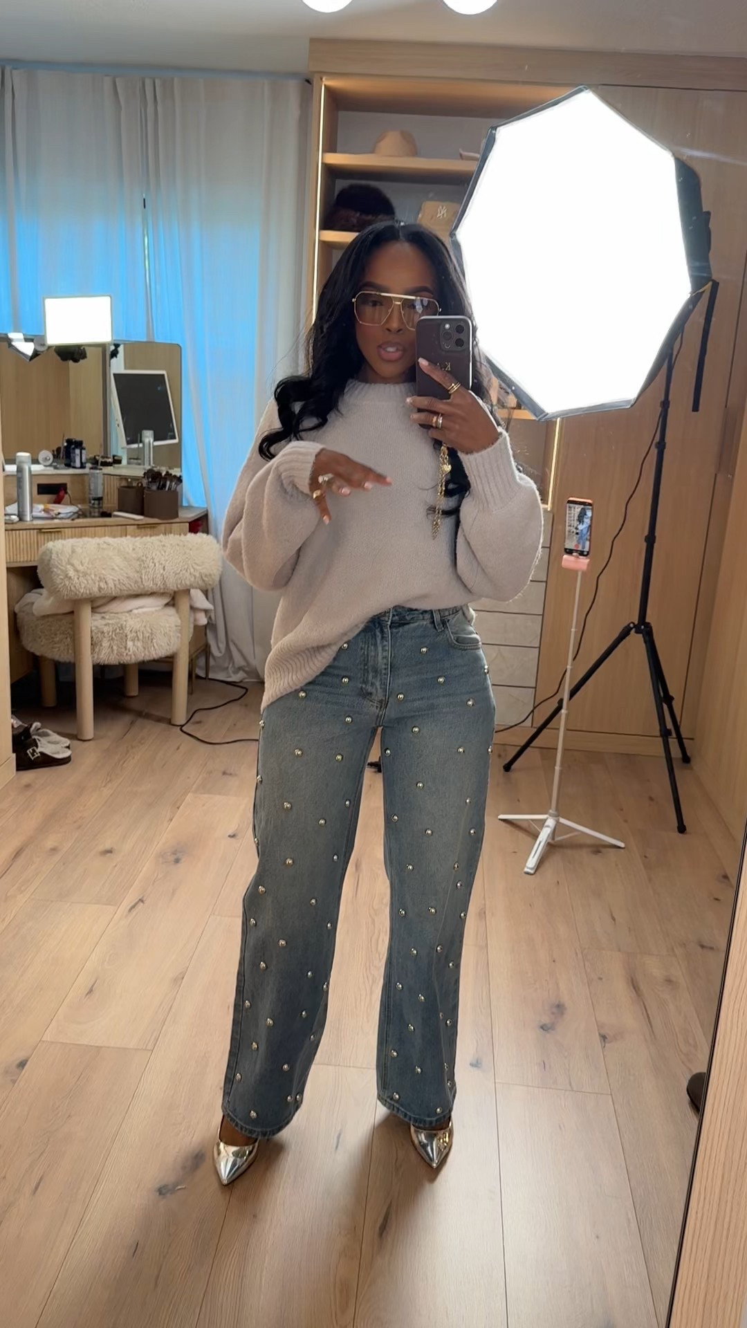 Cost per wear win ✨ This cozy neutral sweater paired with statement embellished jeans is one of those outfits you’ll reach for again and again—easy to restyle, effortless to wear, and the kind of look where the cost per wear drops fast.

The relaxed knit keeps it casual while the pearl-detail denim instantly elevates the outfit. Style these pieces separately with boots, sneakers, blazers, or heels for endless outfit combinations that work year-round.

Perfect for casual days, brunch dates, errands, travel looks, and everyday elevated wear.

📏 Sizing:
Sweater: Small  
Jeans: 27 Long  
Shoes: True to size  
Measurements: 5’4” · 138 lbs · 34D · 27” waist · 40” hips

Shop instantly on the app to get all outfit details.

Pearl detail jeans outfit, neutral sweater styling, everyday elevated casual, versatile denim looks, long-term wardrobe staples.

Follow me on Instagram and YouTube @kirasfashionfinds

#LTKootd #LTKgrwm