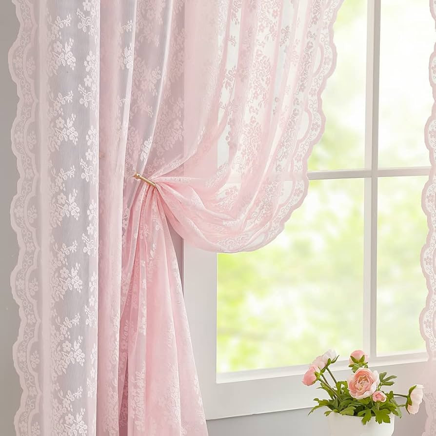 YJ YANJUN Sheer Pink Curtains for Girls Bedroom Vintage Light Pink Floral Lace Curtains Short Win... | Amazon (US)