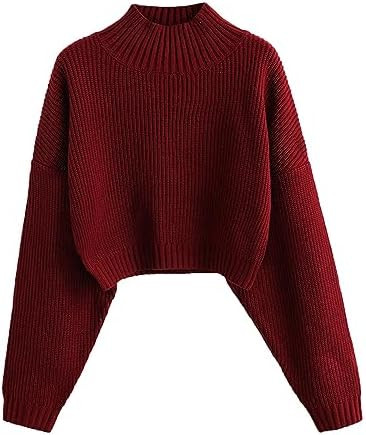 ZAFUL Women's Cropped Turtleneck Sweater Lantern Sleeve Ribbed Knit Pullover Sweater Jumper | Amazon (US)