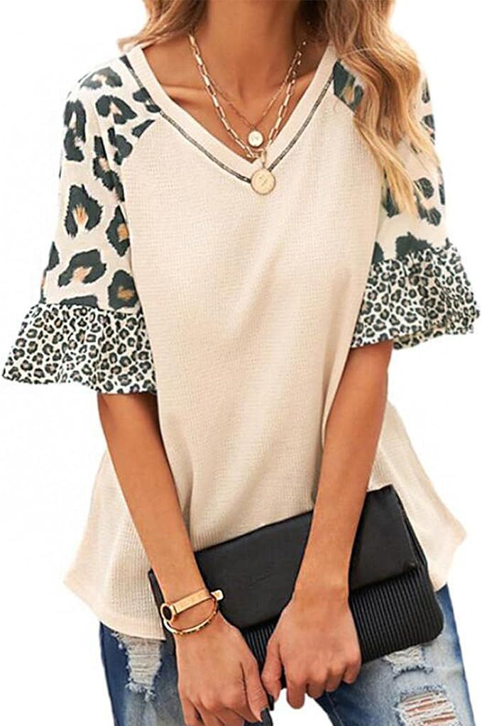 Amaeen T Shirts for Women's Half Sleeve Stitching V-Neck Tops Leopard Printed Ruffle Sleeve Top | Amazon (US)