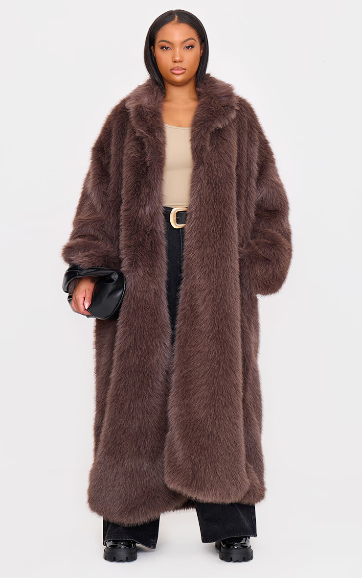 Plus Dark Brown Collar Detail Soft Faux Fur Maxi Coat | PrettyLittleThing US