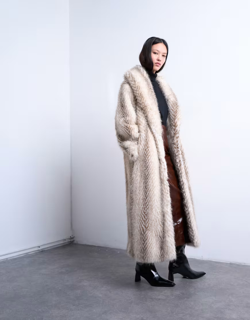 Topshop faux fur shawl longline coat in white stripe | ASOS (Global)