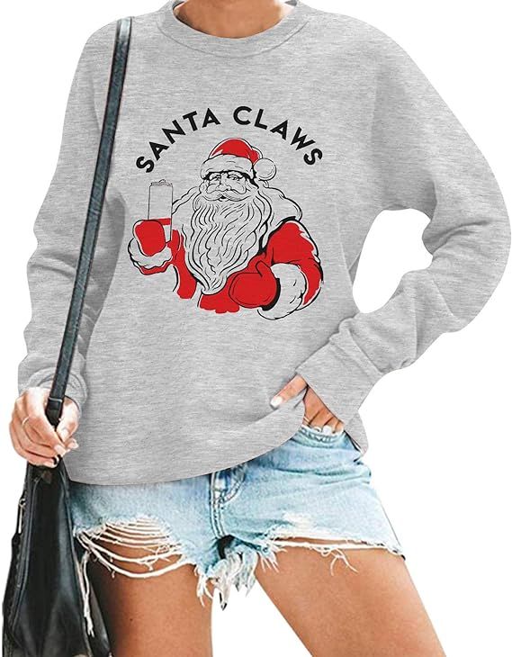 Santa Christmas Sweatshirt Women Merry Christmas Top Tee Xmas Gift Pullover Casual Long Sleeve Sh... | Amazon (US)