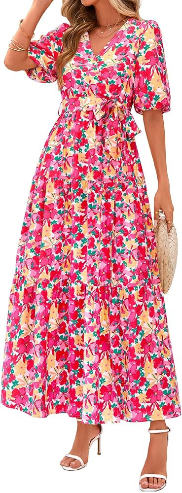 PRETTYGARDEN Women's Summer Maxi Dress 2025 Boho Floral Wrap V Neck Puff Short Sleeve Ruffle Flow... | Amazon (US)