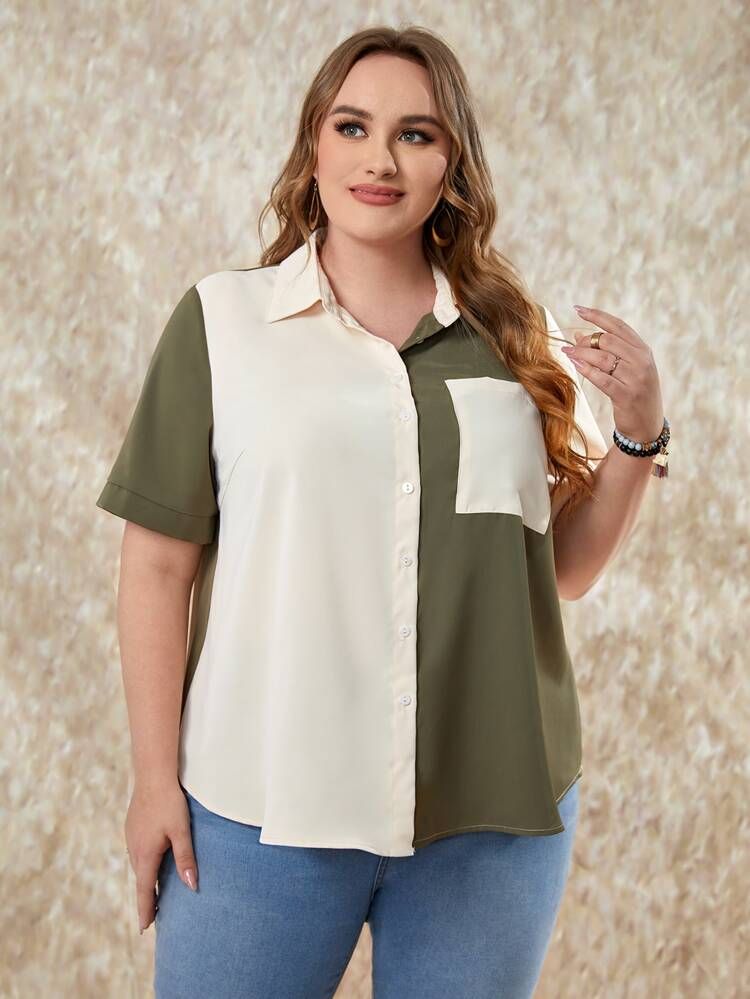 EMERY ROSE Plus Colorblock Button Front Blouse | SHEIN