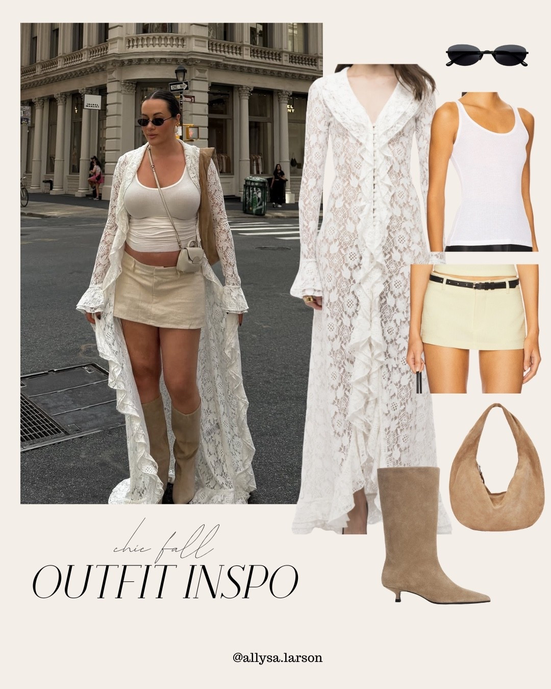 Chic neutral fall outfit - love this lace dress from arakii styled with suede boots and a suede bag

#LTKSeasonal #LTKNYFW #LTKStyleTip