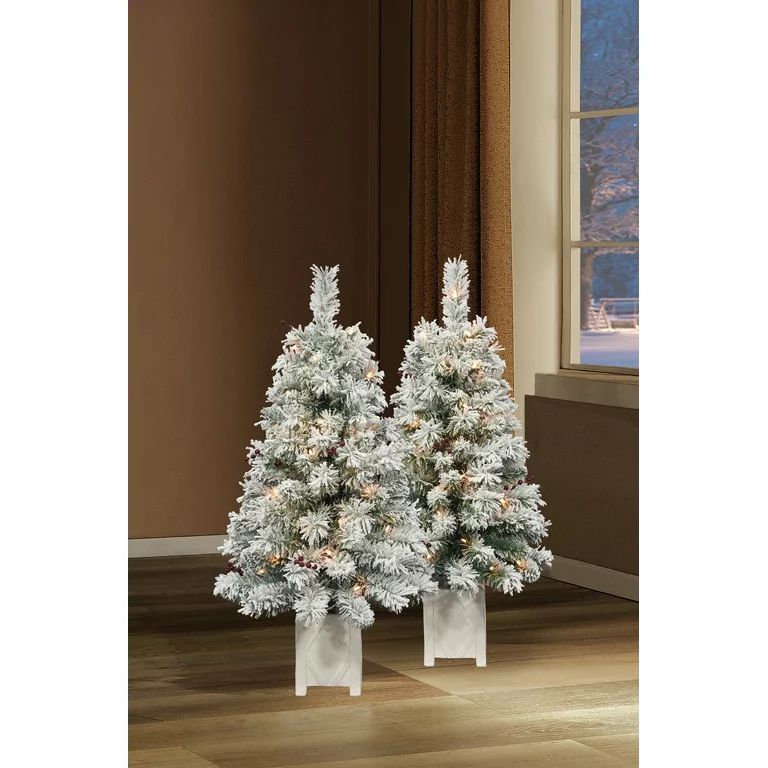 Set of 2 Pieces 3.5 ft Flocked Potted LED Christmas Trees, each tree with 35 Warm White LED and T... | Walmart (US)