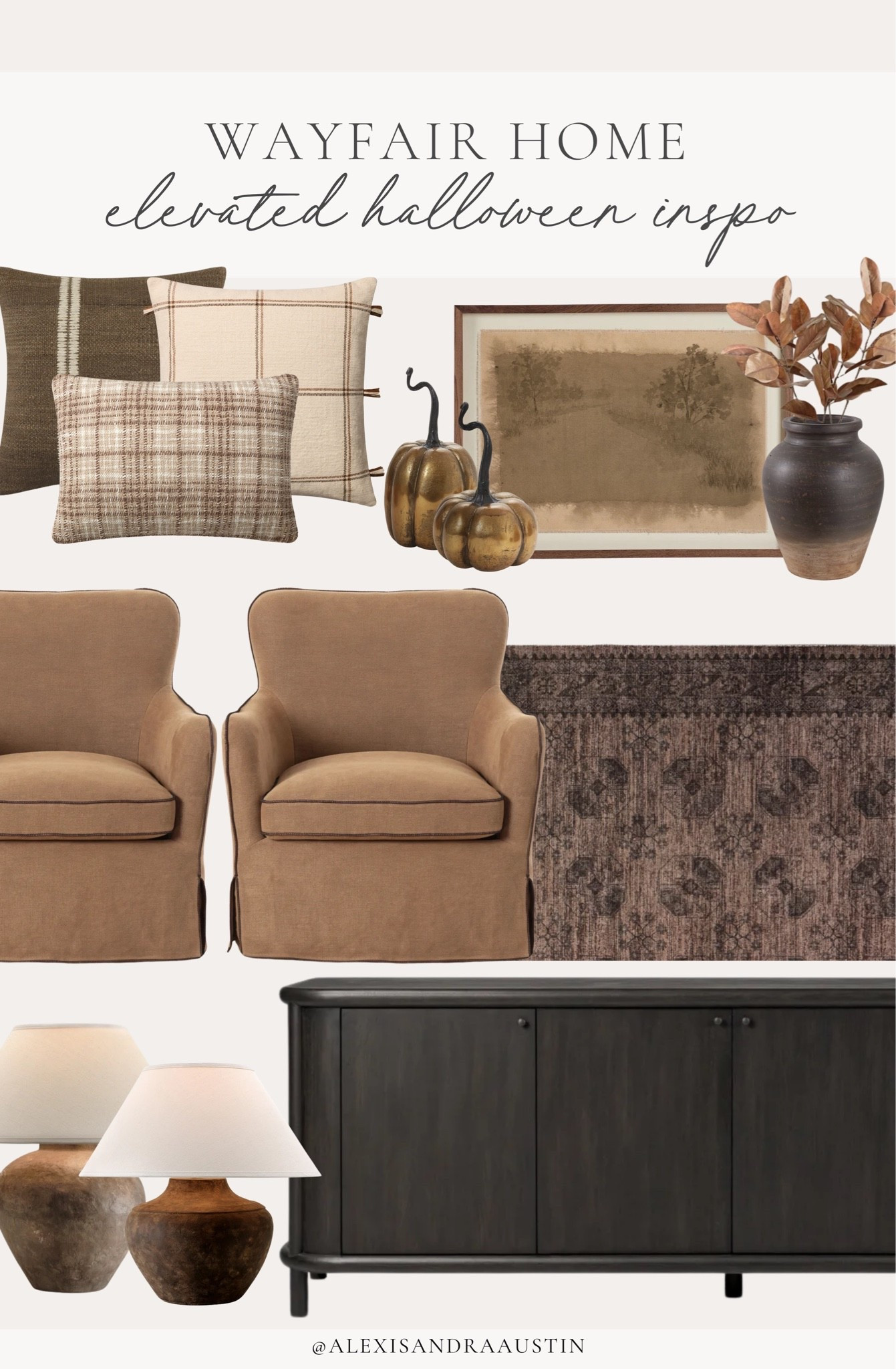 #AD Decorating for Halloween has never been easier with all of my @Wayfair favorites for a moody and styled vibe. Elevating my media space with textures, pumpkins and subtle halloween touches that fit perfectly in line with my day to day style! Now is the time to add the perfect holiday touch for your home.

#Wayfair #WayfairPartner 

Home finds, neutral home inspo, furniture favorites, Halloween home inspo, fall refresh, accent chair, vintage inspired area rug, sideboard details, moody table lamp, vase details, faux fall florals, fall details cozy throw pillows, moody home inspo, Wayfair partner, shop the look!

#LTKSeasonal #LTKHome