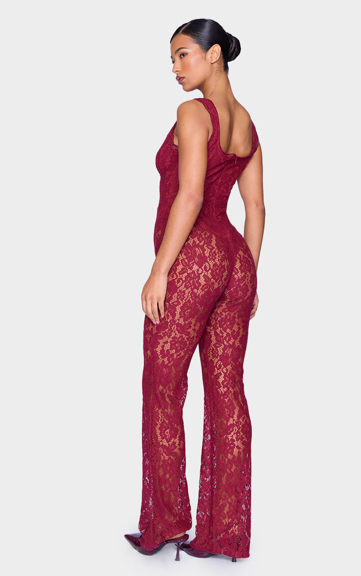 Burgundy Lace Boning Detail Strappy Flared Jumpsuit | PrettyLittleThing UK